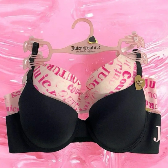 Juicy Couture Pink Logo Print & Black Push-Up Bra Set NWT Size 38C - Picture 2 of 5
